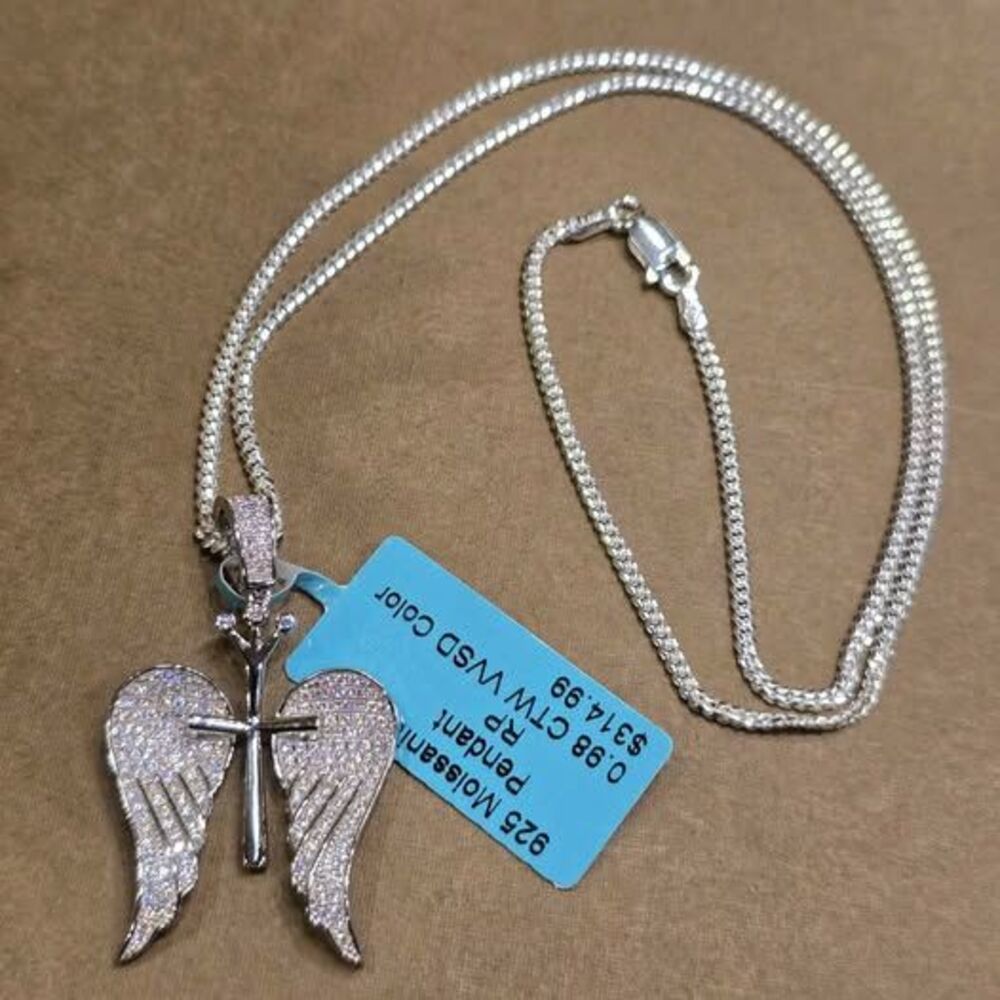 925 Moissanite Angel Wing Cross Pendant and Chain